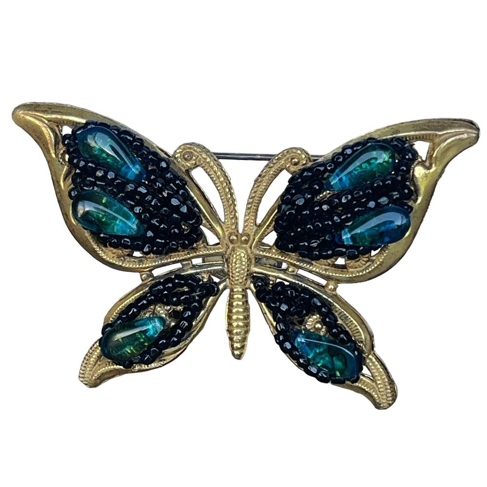 Vintage Signed Miriam Haskell Rare Butterfly Brooch Pin Black & Teal Beadwork